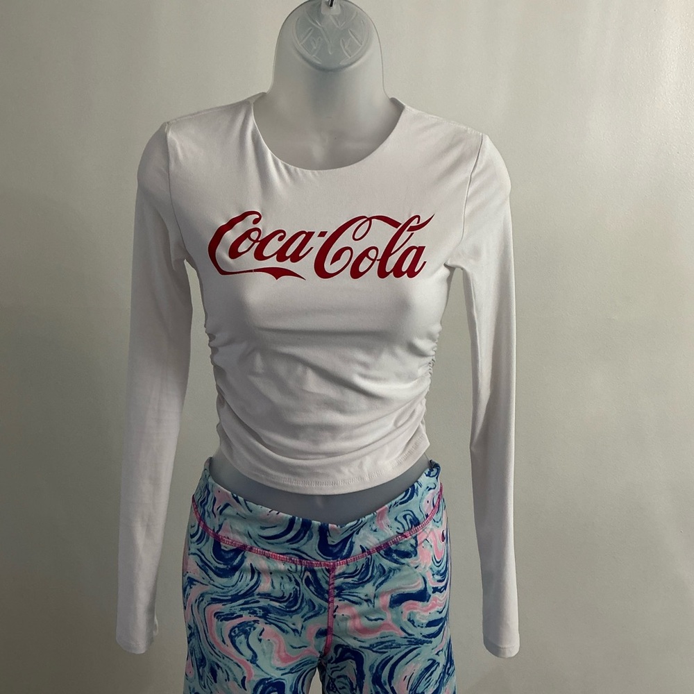 Coca-Cola White Crop Long Sleeve Shirt Junior XS Ruched Sides Stretch Logo